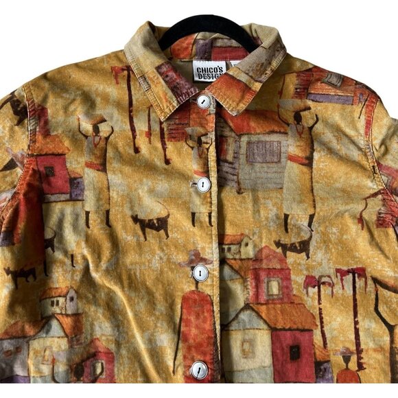 Chicos Design Womens Ethnic Tribal Button Jacket Chicos Size 2 (L) Soft Corduroy - Picture 1 of 9